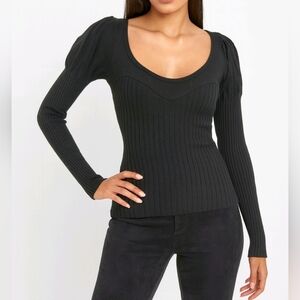 Bebe Sweater Black Ribbed Eyelet Puff Shoulder Long Sleeve Deep Neck Size XS
